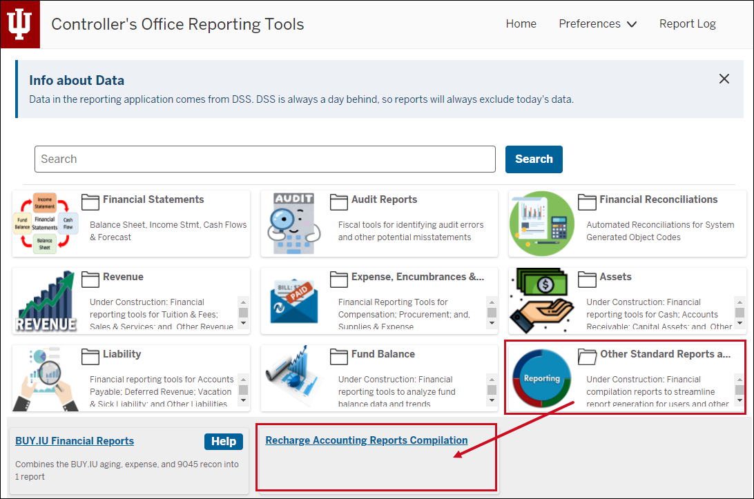 Screen displays the Recharge Accounting Reports Compilation tile